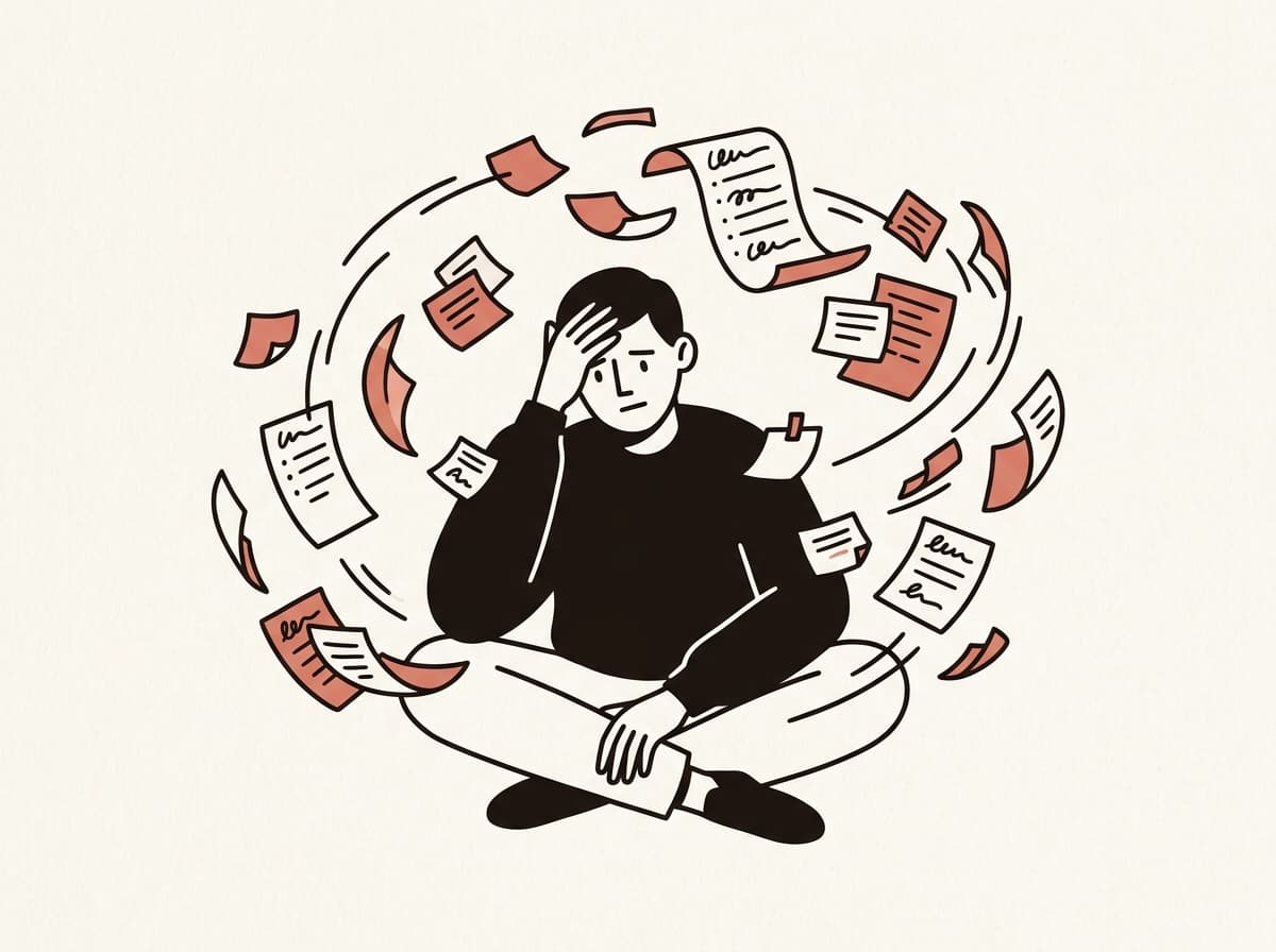A person surrounded by a scattered swirl of notes and papers