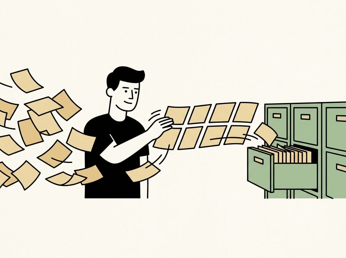 Scattered notes organizing themselves into a tidy grid